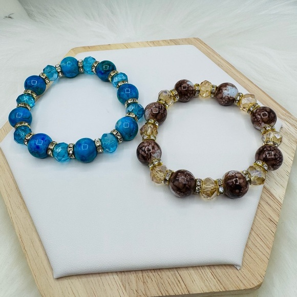 Champagne Brown Glass Bracelet and Blue earth Glass Beaded Bracelet Set - Picture 4 of 6